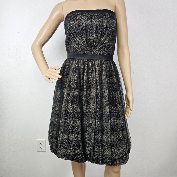 VTG Black Gold Lace Strapless Bubble Dress Sz 8 Fairycore Whimsigoth Romantic - Picture 1 of 12